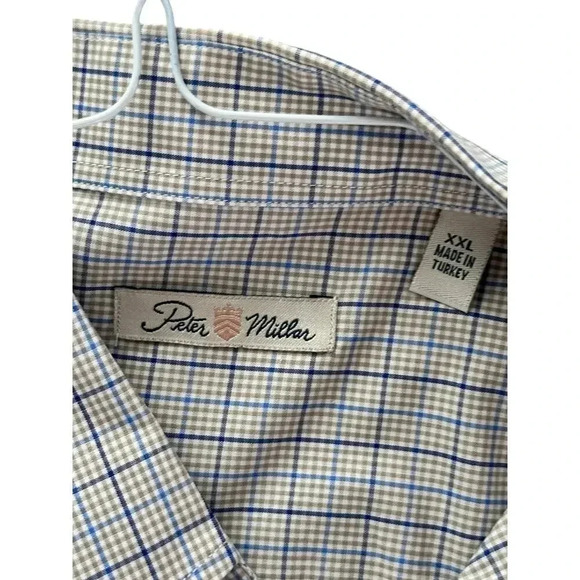 Peter Millar Cream Short Sleeve Button Down Classic Fit Plaid Shirt Size XXL - Picture 4 of 5